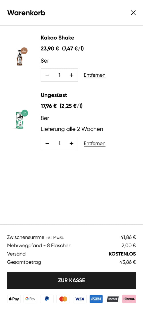 Warenkorbansicht mit zwei Artikeln, Gesamtsumme 43,86 €, kostenloser Versand.