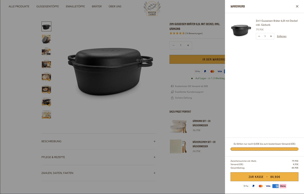 Onlineshop seite mit Produktbild eines schwarzen Bräters und Warenkorb im rechten Bereich.