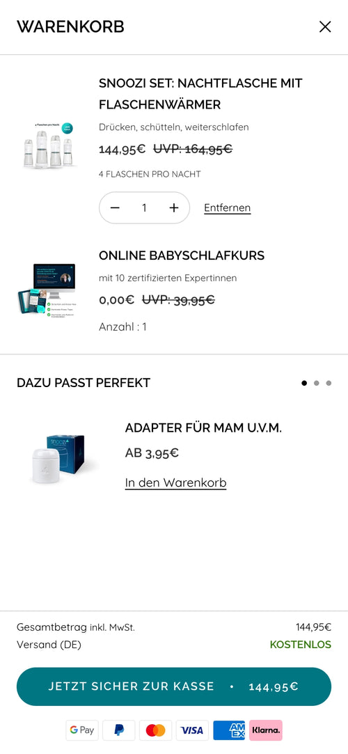 Warenkorb mit Snoozi Set und Online Babykurs, Gesamtpreis 144,95 €.