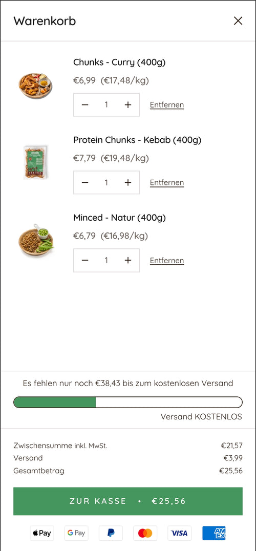 Warenkorb mit drei Produkten, Gesamtbetrag €25,56, Versand kostenlos. Zahlungsoptionen unten.
