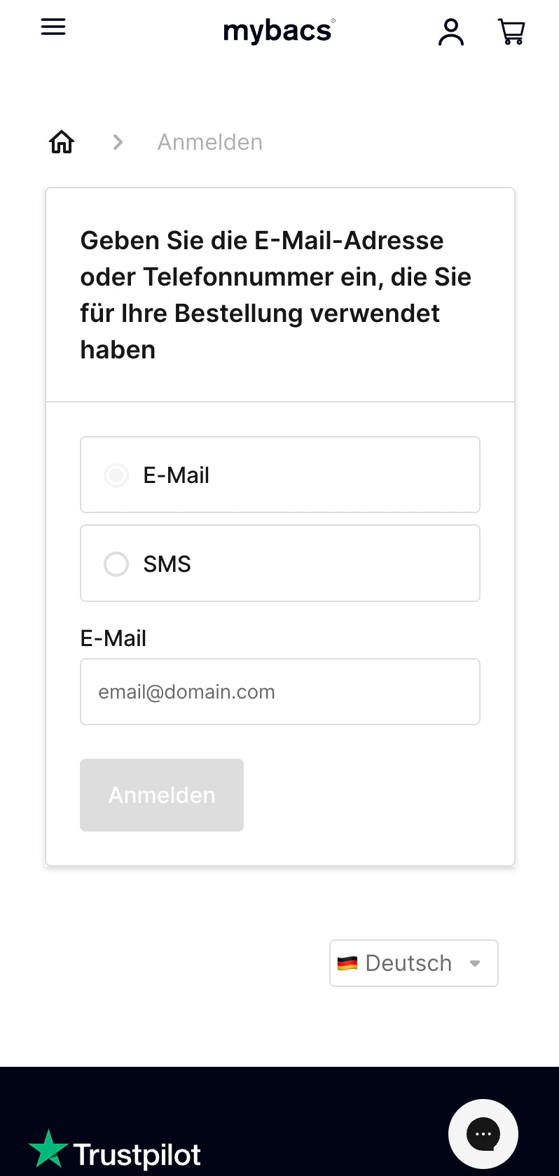 Felder für E-Mail oder Telefonnummer zur Bestellungseingabe.