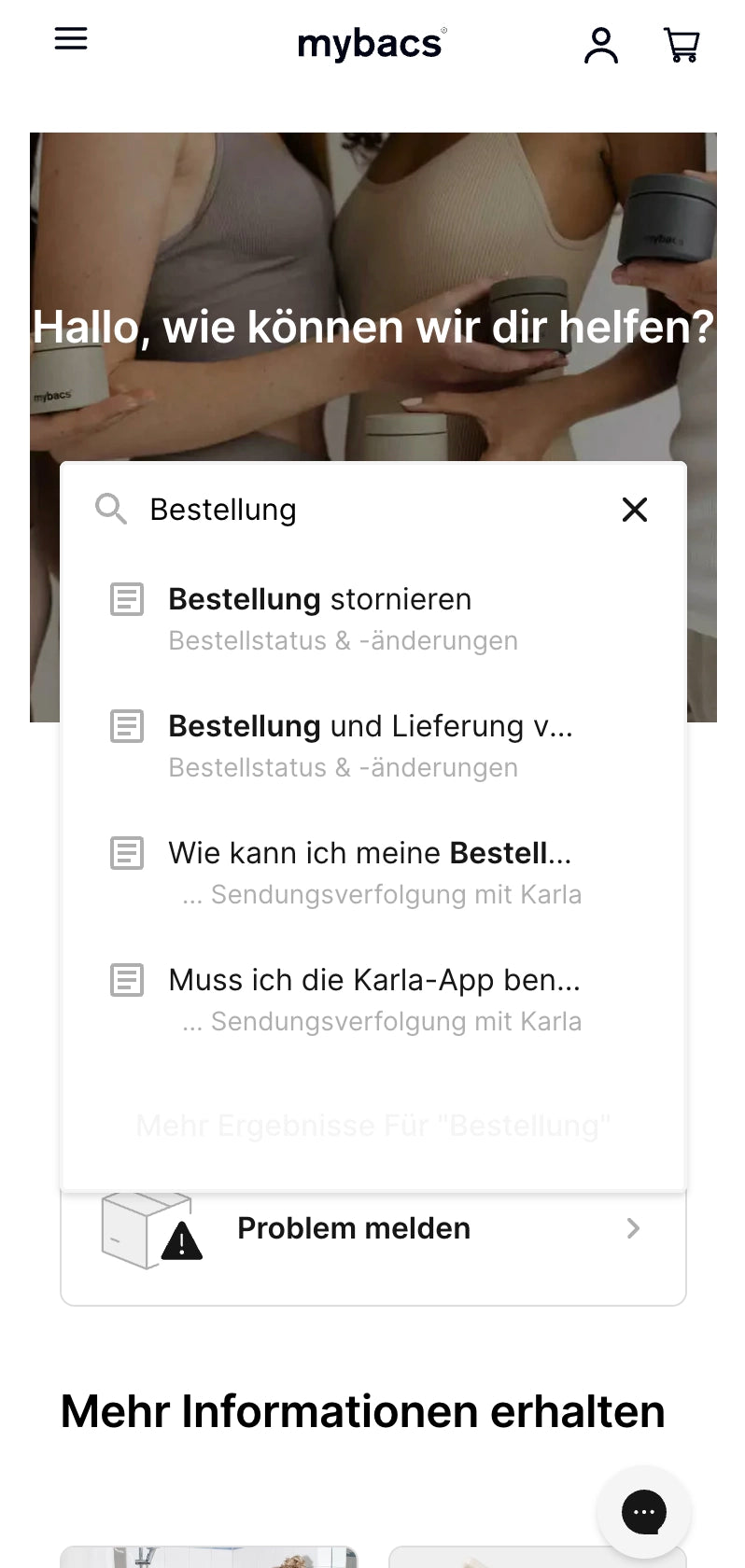 Suchfeld mit Vorschlägen für Bestellbezogene Fragen.