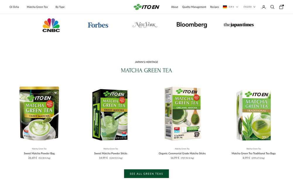 Produktseite mit verschiedenen Matcha Grüntees und Logos von CNBC, Forbes oben.