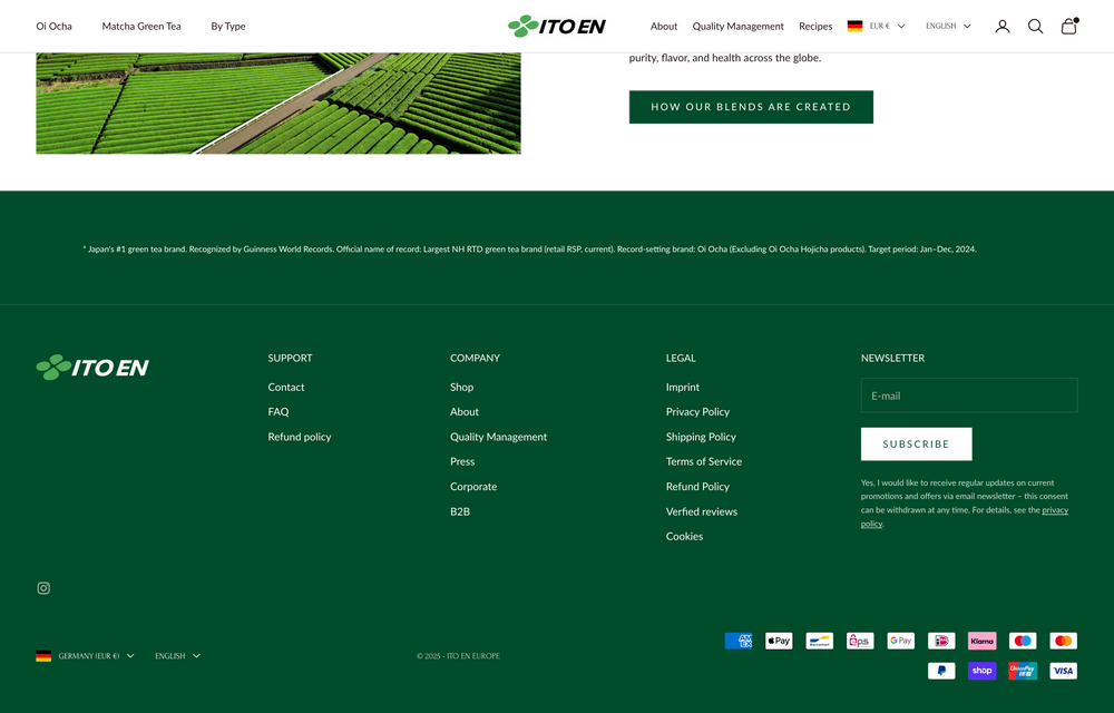 Grüner Footer mit Links zu Support, Unternehmen, Rechtlichem und Newsletter-Anmeldung.