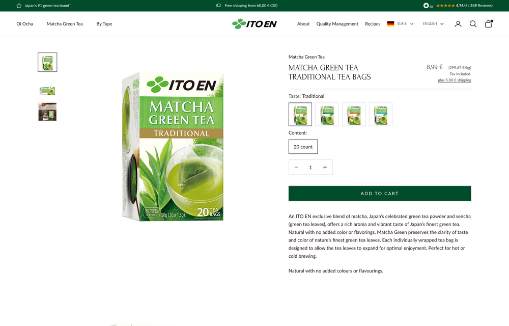 Produktseite für traditionellen Matcha Grüntee in Teebeuteln, weißer Hintergrund, 20 Stück.
