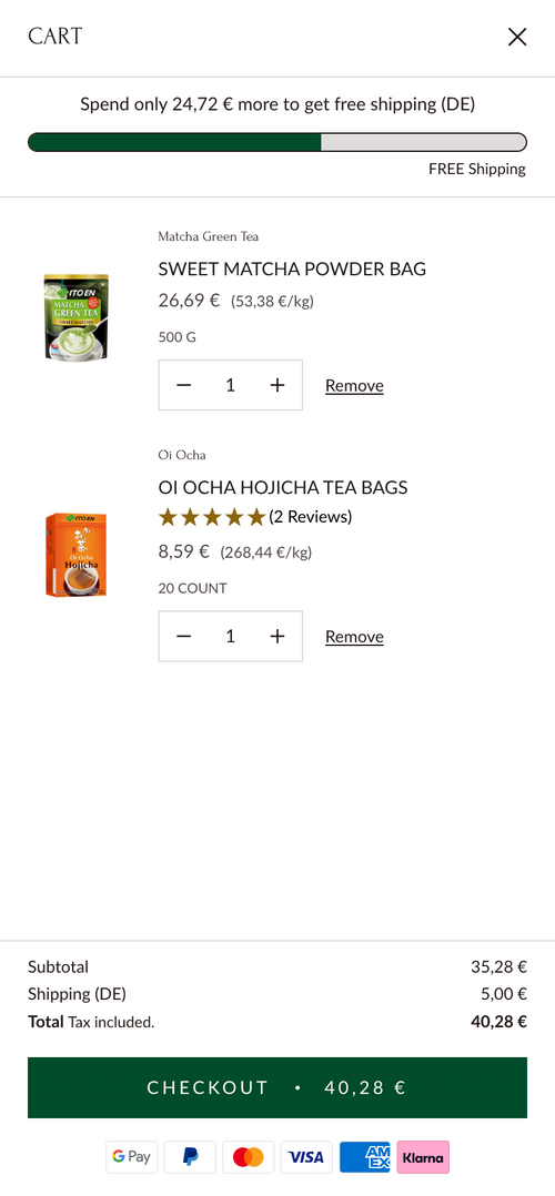 Einkaufswagen mit Matcha Green Tea und Oi Ocha Hojicha Tea Bags, Gesamtpreis 40,28 €.