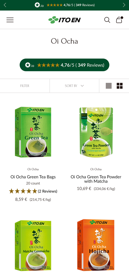 Vier grüne Teeprodukte mit Kundenbewertungen und Preisen.