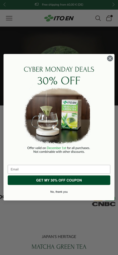Popup mit Cyber Monday Angebot, 30% Rabatt auf Matcha Green Tea bei Newsletter-Anmeldung.