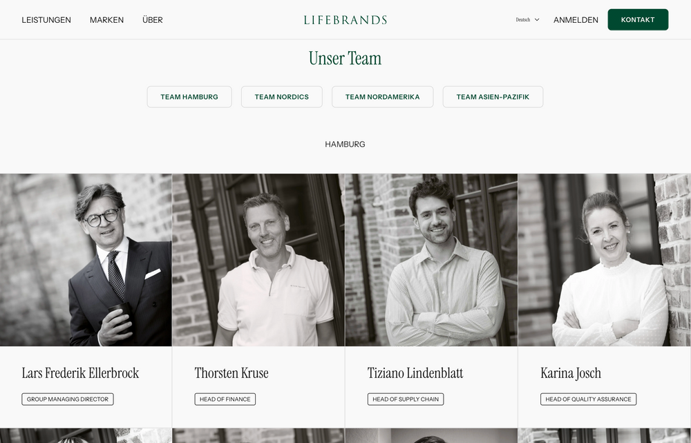 Schwarz-weiße Porträts von vier Personen mit Namen und Positionen darunter.