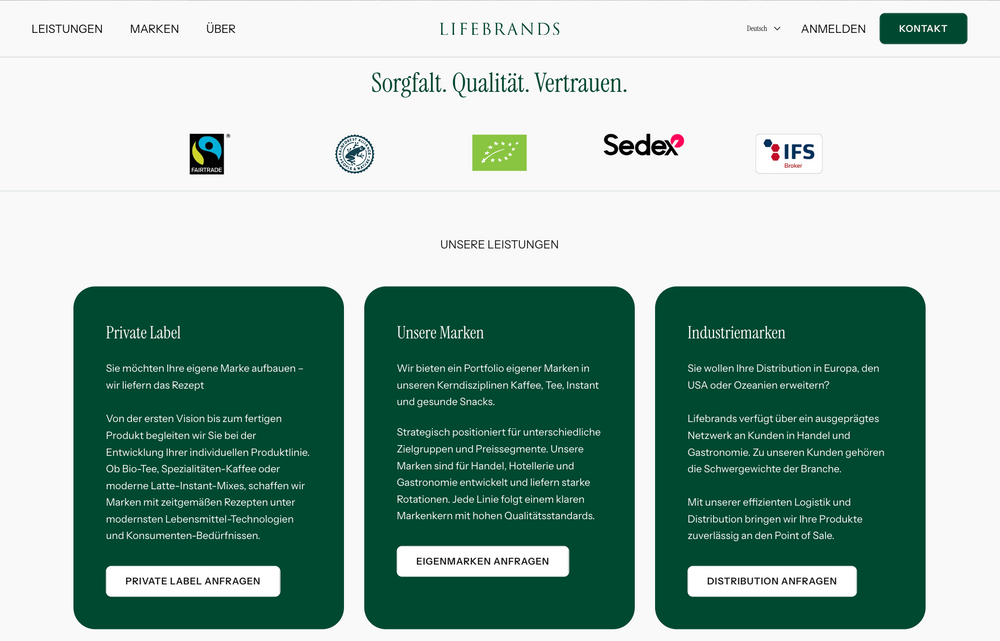 Icons für Fair Trade und IFS über Texten zu Private Label, Marken, Industriemarken.