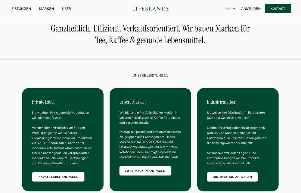 Drei grüne Boxen mit Text zu Private Label, eigenen Marken und Industriemarken.