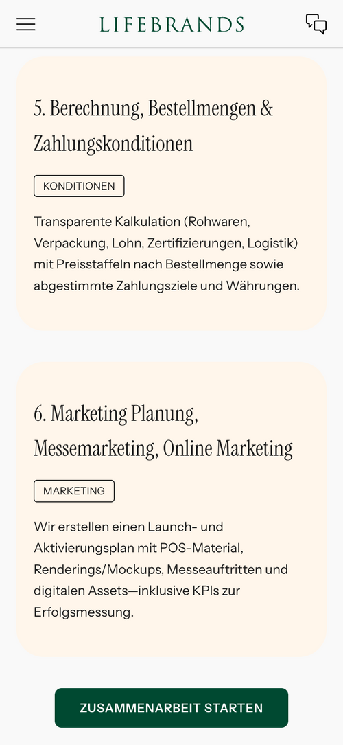Text über Berechnungen und Marketingpläne, darunter Button: Zusammenarbeit starten.