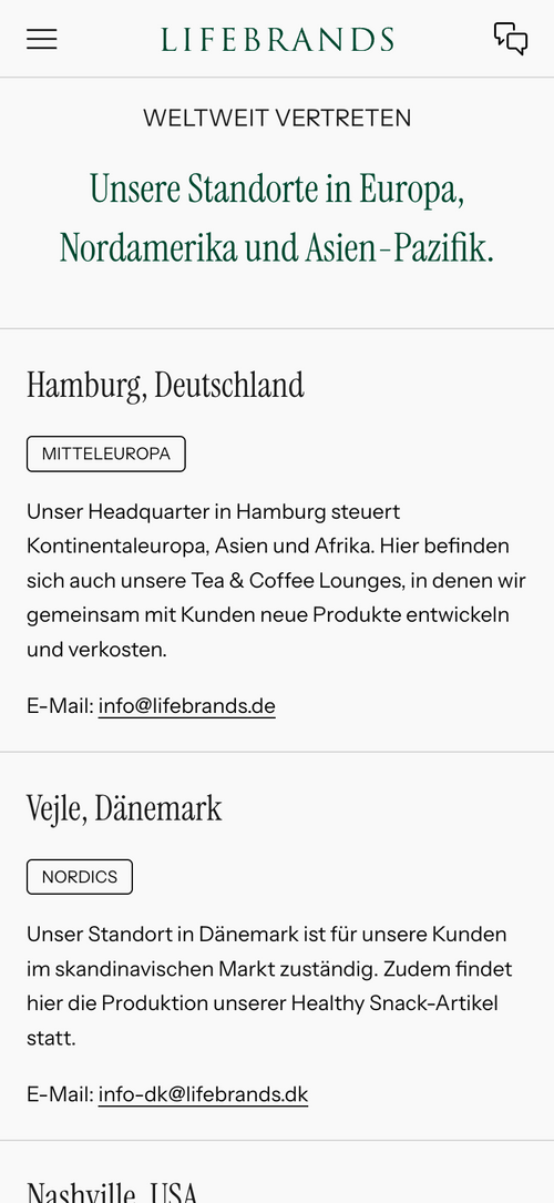 Standorte in Europa, Nordamerika und Asien-Pazifik mit Kontaktdetails für Deutschland und Dänemark.
